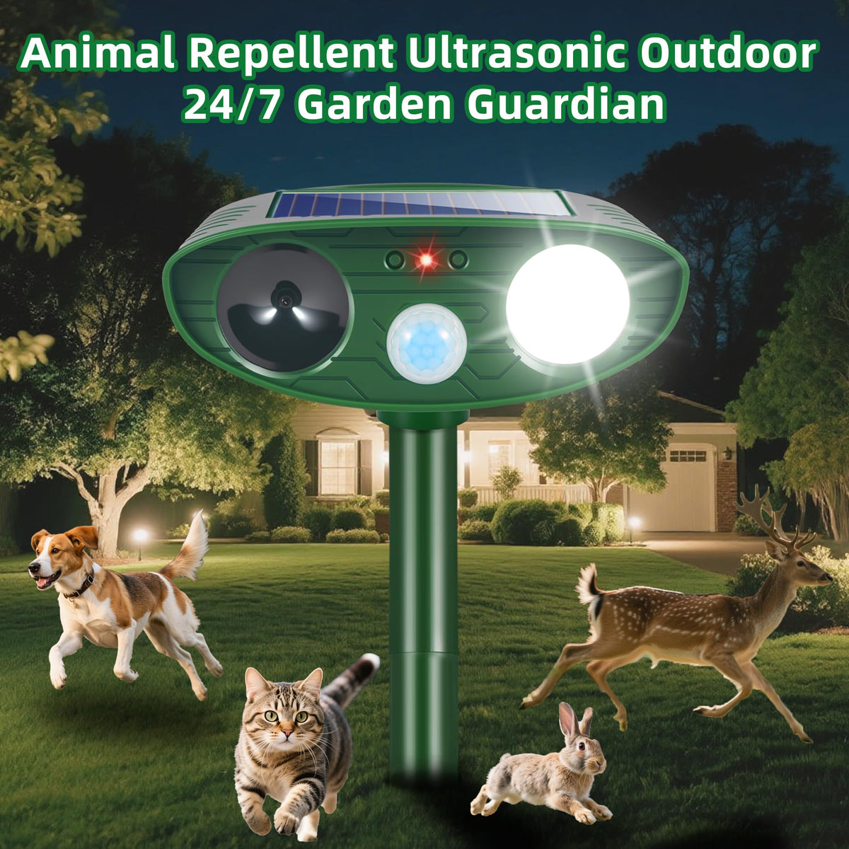 CXIENAOY motion sensor deters wildlife with sound and light for outdoor spaces
