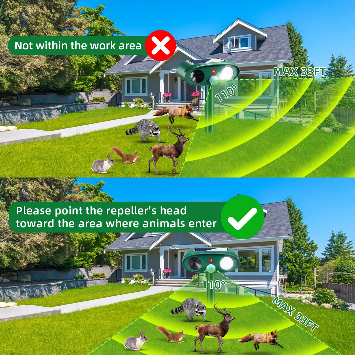 CXIENAOY ultrasonic waves emission, humane deterrent helps keep wildlife away.