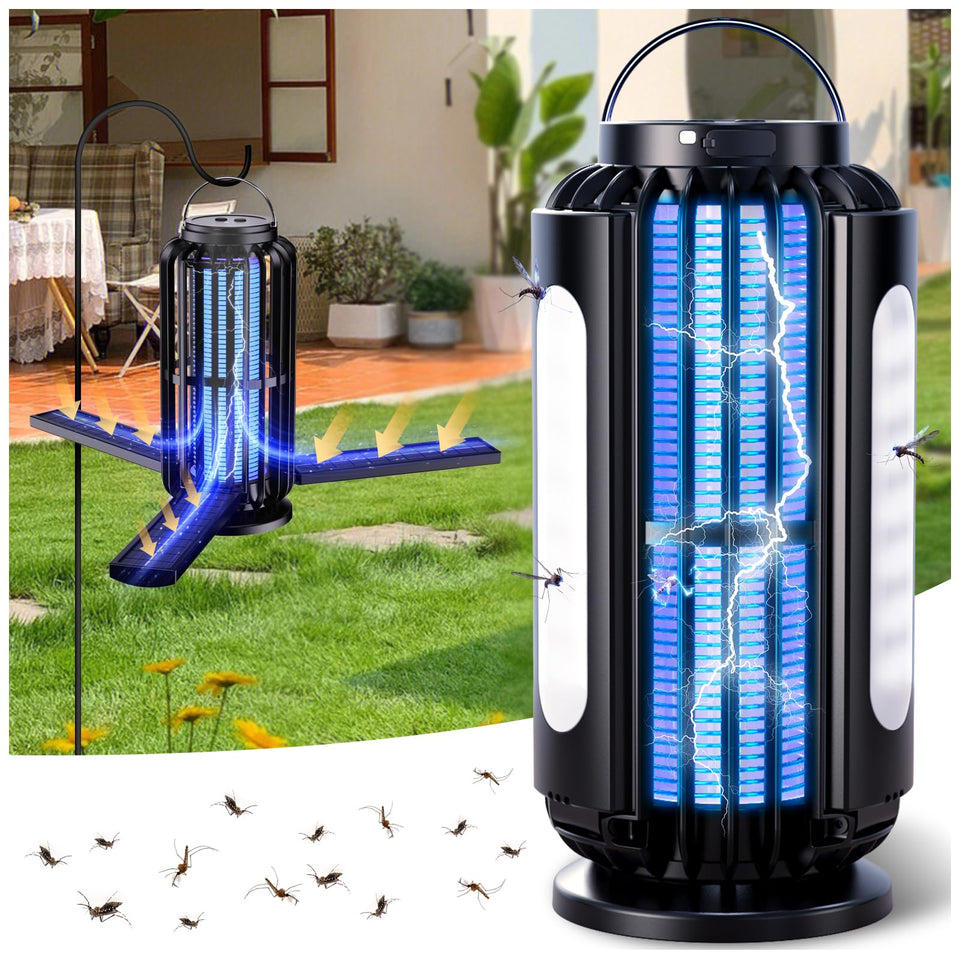 CXRUY Bug Zapper outdoors on patio with solar charging reduces insect nuisances.