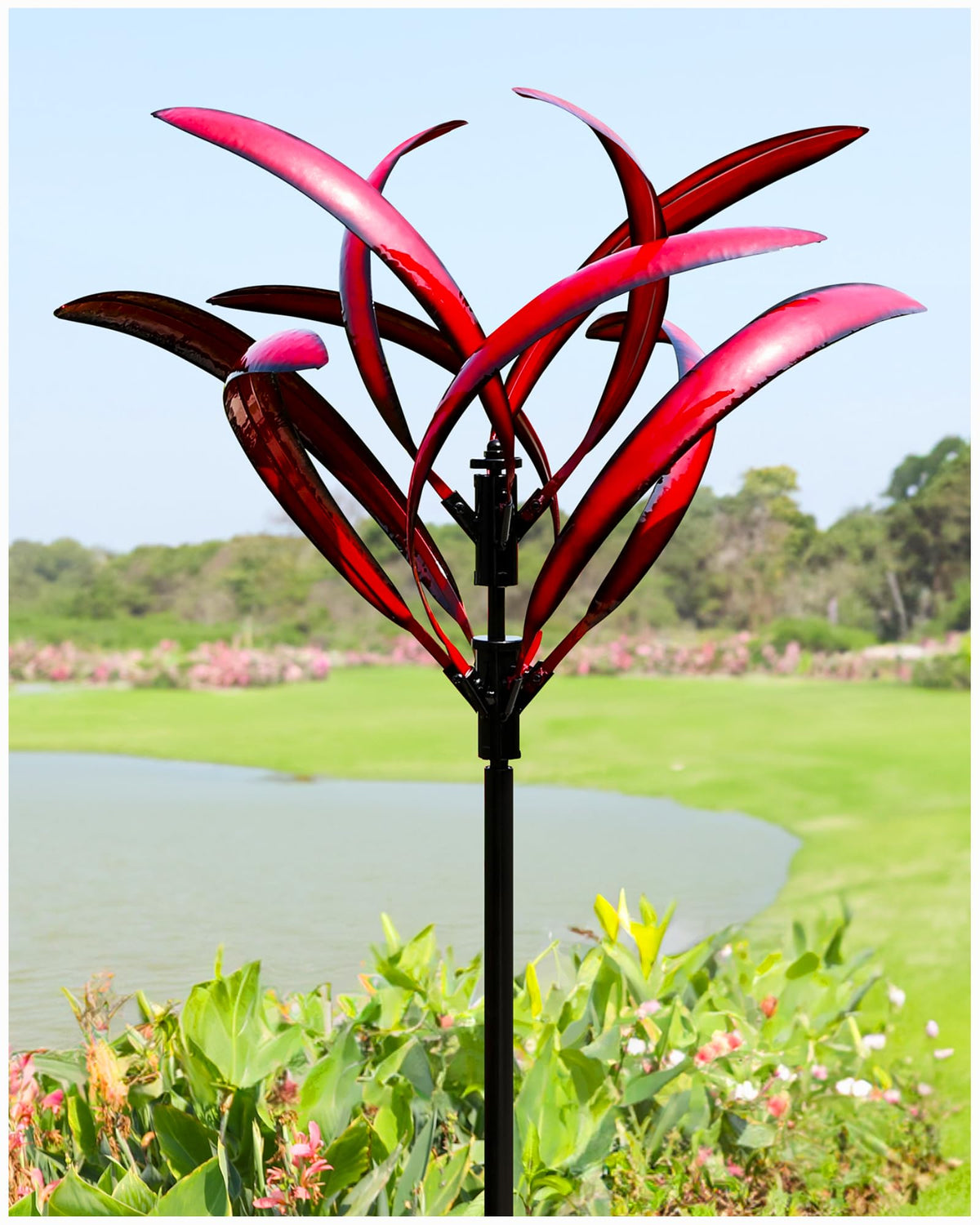 Cyan Oasis 82-inch burgundy wind spinner front view adds dramatic color to your garden