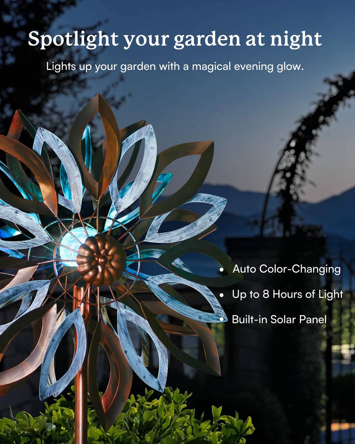 Cyan Oasis crackled glass orb houses the solar panel for ambient glow after dark.