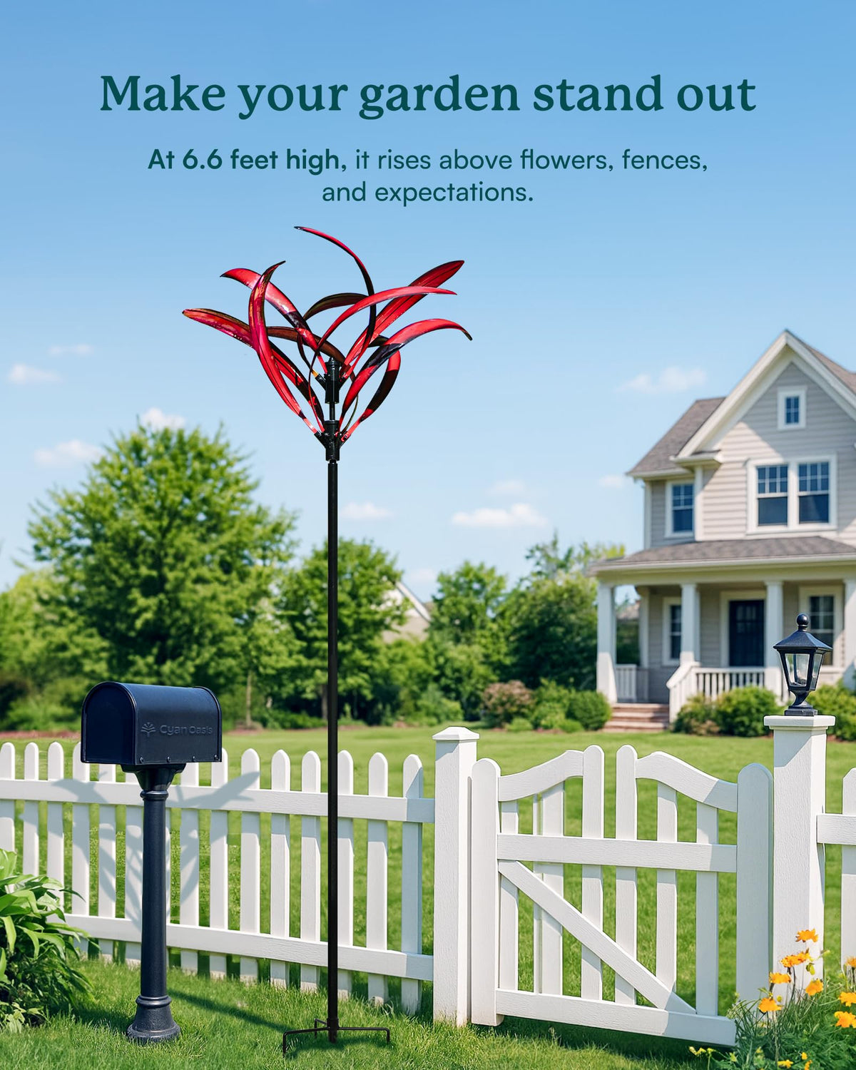 Cyan Oasis burgundy wind spinner blades in motion create a dynamic outdoor focal point