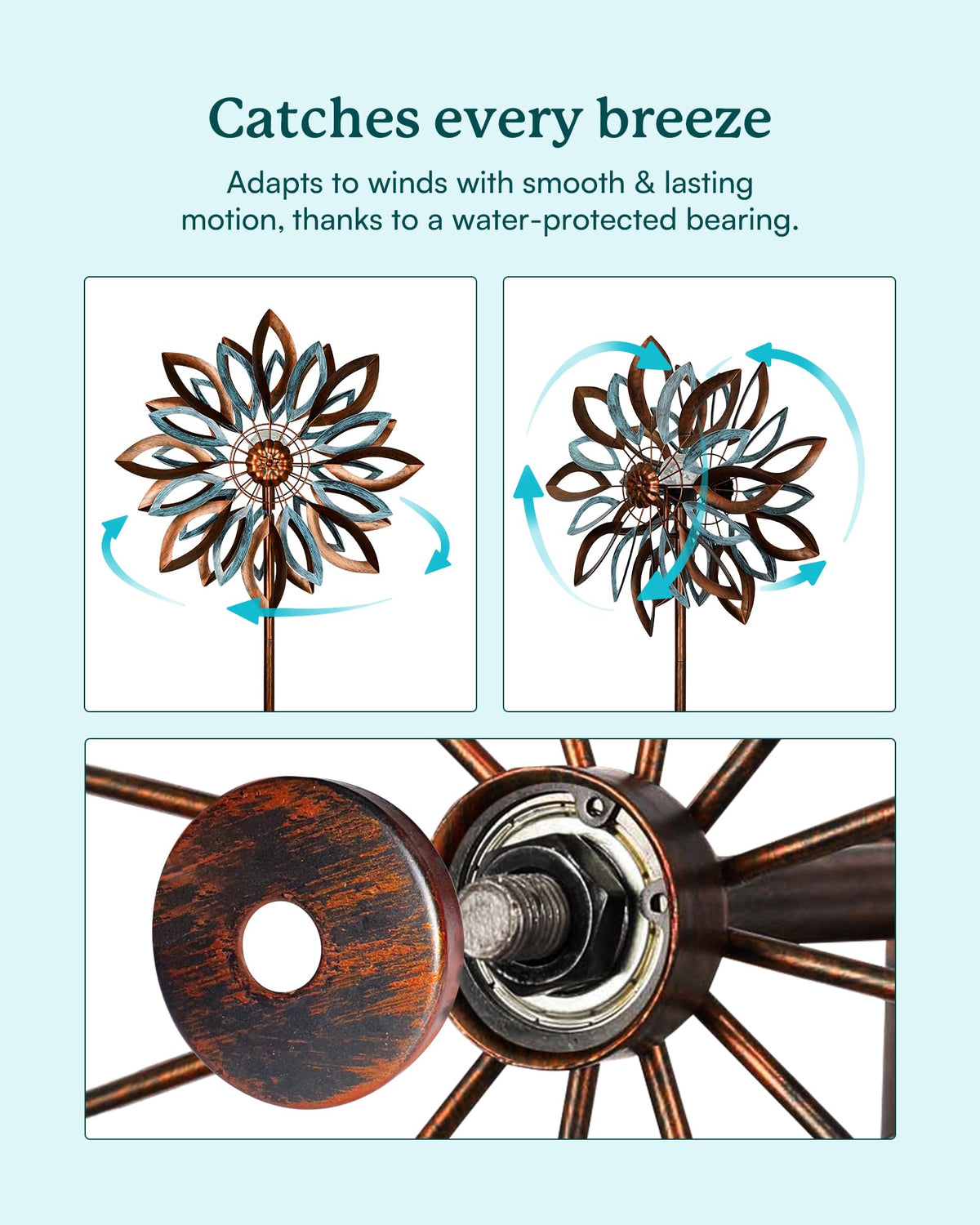 Cyan Oasis wind spinner with dual rotors spinning 360 degrees for full motion.