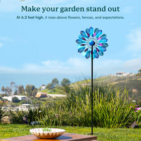 Cyan Oasis Wind Spinner large metal frame spins smoothly for year-round motion.