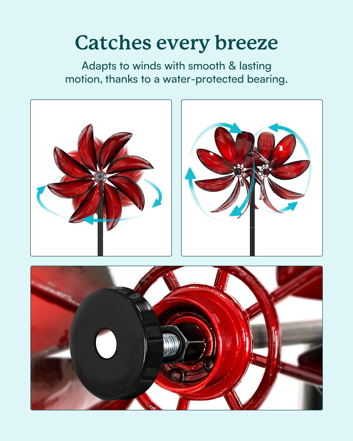 Cyan Oasis wind spinner close-up of durable red blades.
