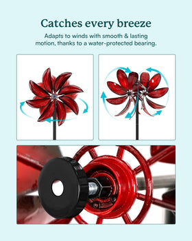 Cyan Oasis wind spinner close-up of durable red blades.