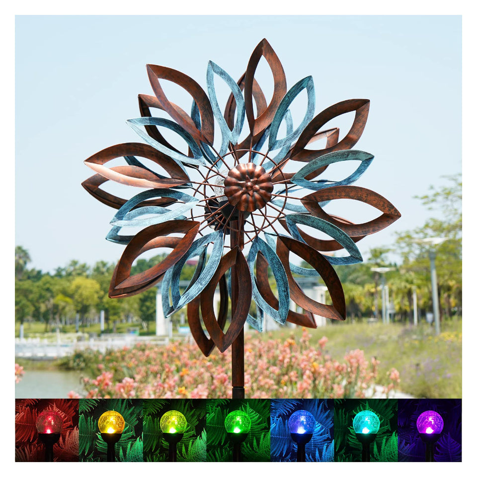 Cyan Oasis wind spinner with solar light displays colorful daytime motion.
