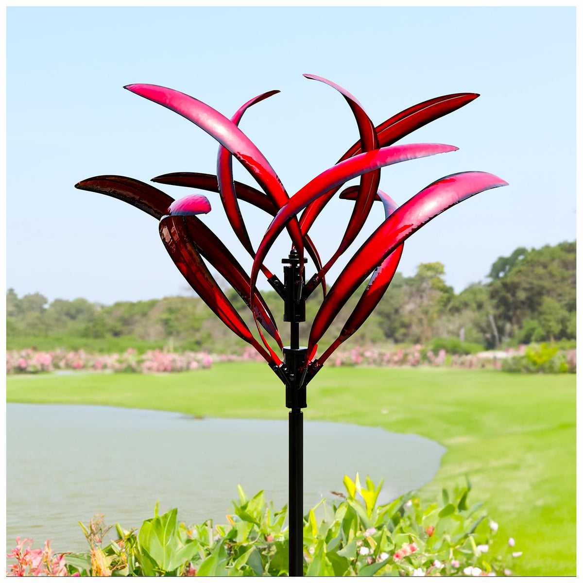 Cyan Oasis tall yard art spinner enhances outdoor decor and curb appeal