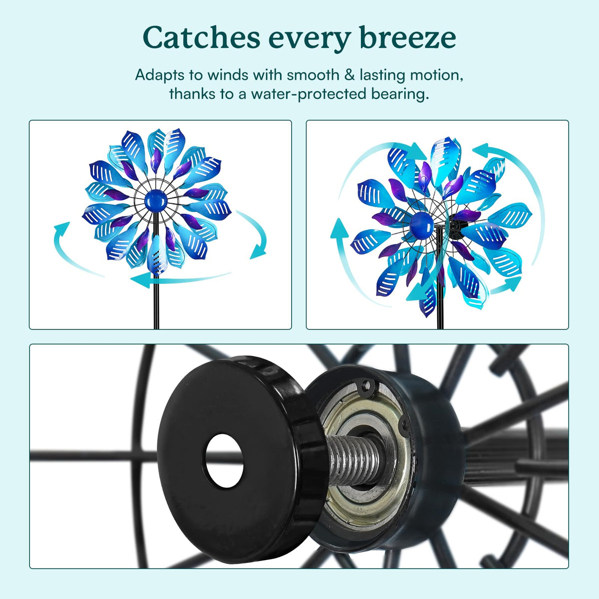Cyan Oasis Wind Spinner Windmill for yard design enhances outdoor pathways.