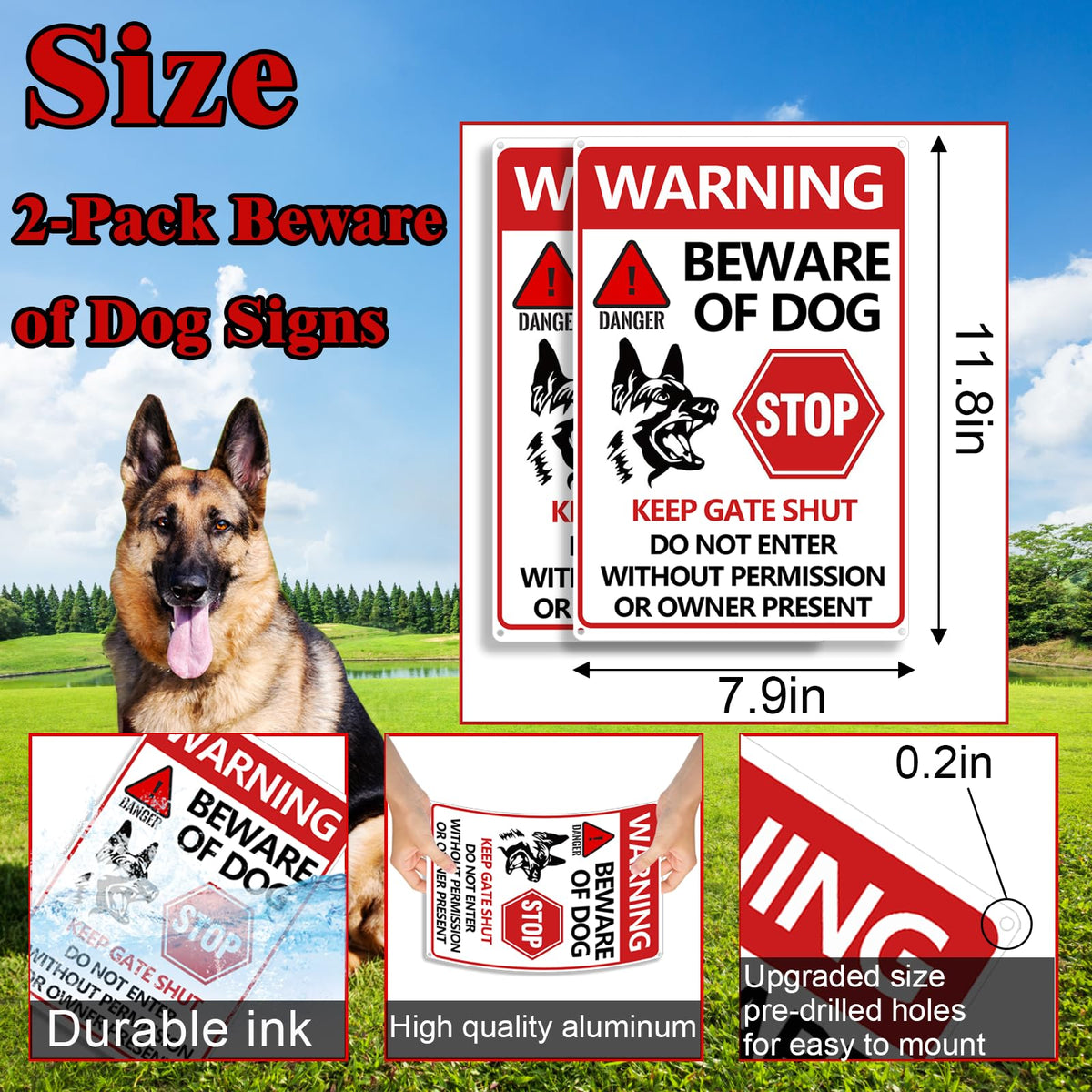 CyanLime Beware of Dog Sign 2PCS close-up of reflective coating.