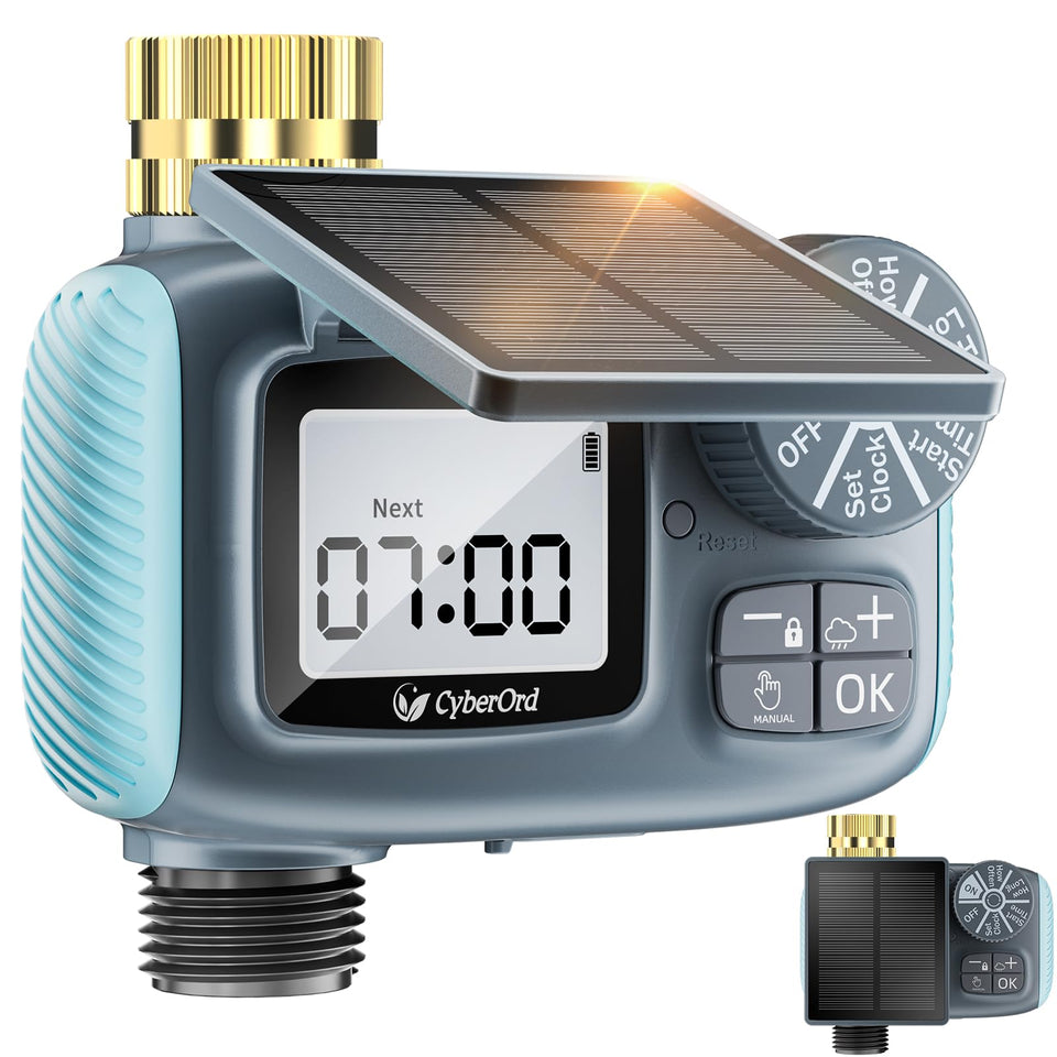 CyberOrd solar timer with brass inlet for efficient garden irrigation.