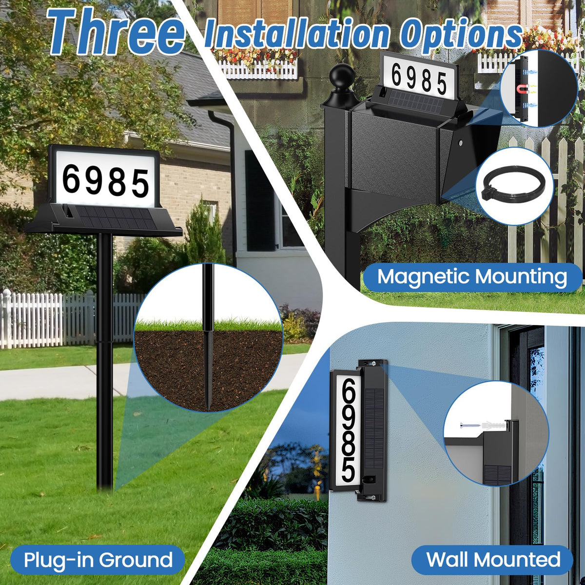 Cybrasc solar address sign dusk-to-dawn sensor automatically lights at night.