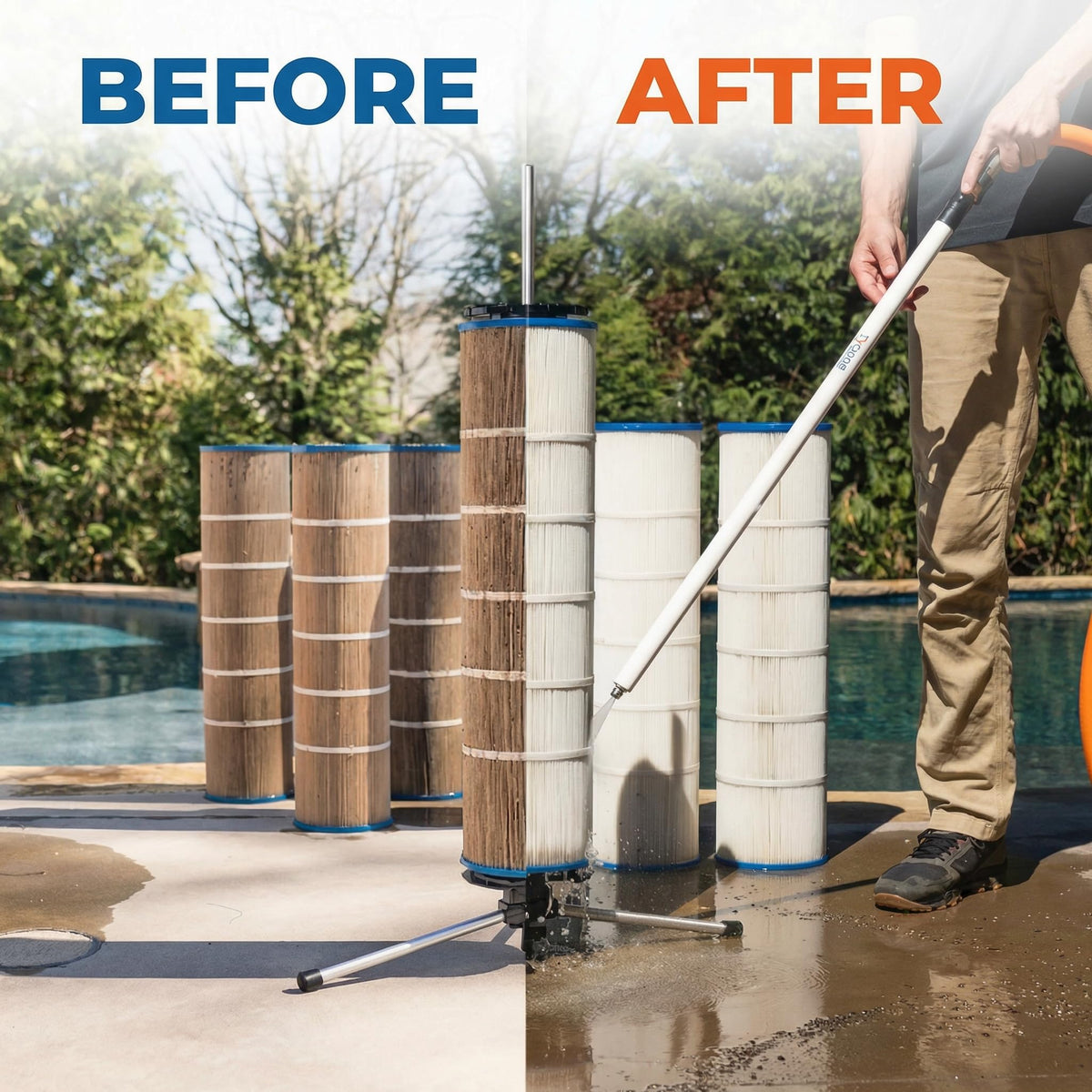 CYCLONE FILTER CLEANER on the stand aids deck-side cleanup