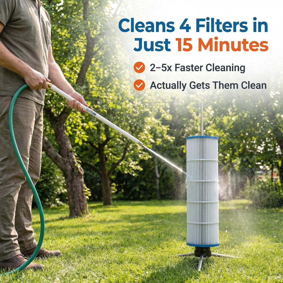 CYCLONE FILTER CLEANER spray wand shown for precise, controlled cleaning of pool filter pleats