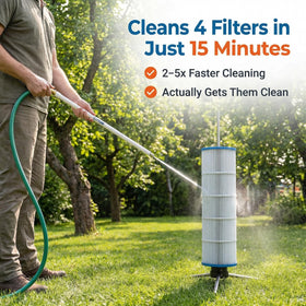 CYCLONE FILTER CLEANER spray wand shown for precise, controlled cleaning of pool filter pleats