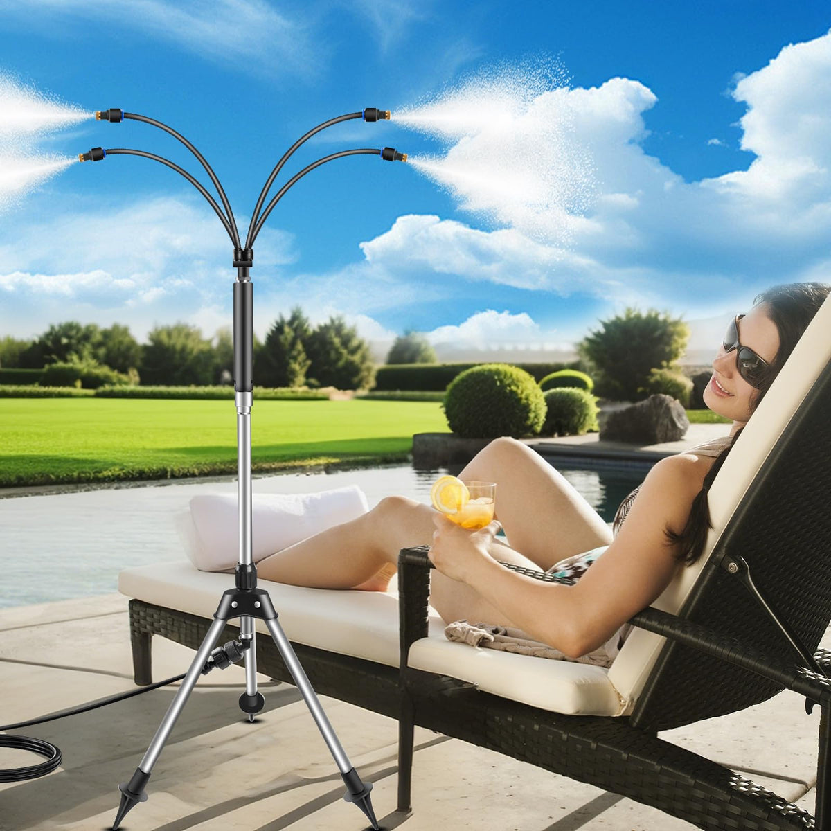 Cymuber outdoor misting system stand base stabilizes cooling on windy patios