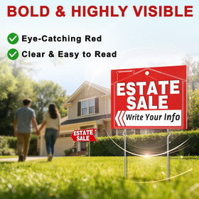 Cyrico estate sale sign 17x13 inch back view with double-sided readability.
