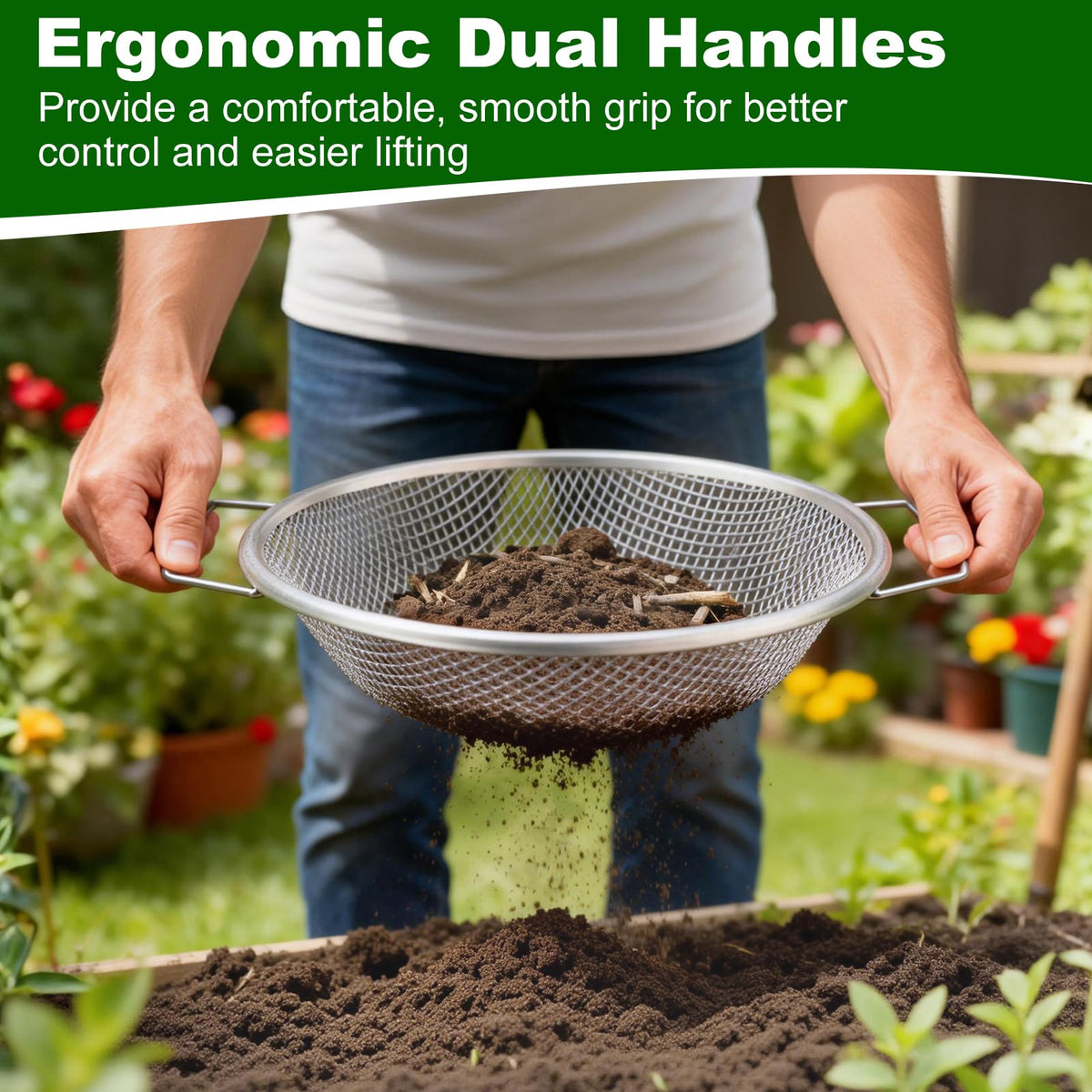 Cyrico soil sifter fits a standard five-gallon bucket for stable, hands-free operation.