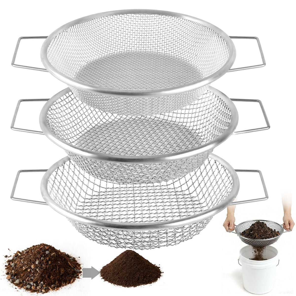 Cyrico soil sifter three-piece set on a bucket for quick compost screening.