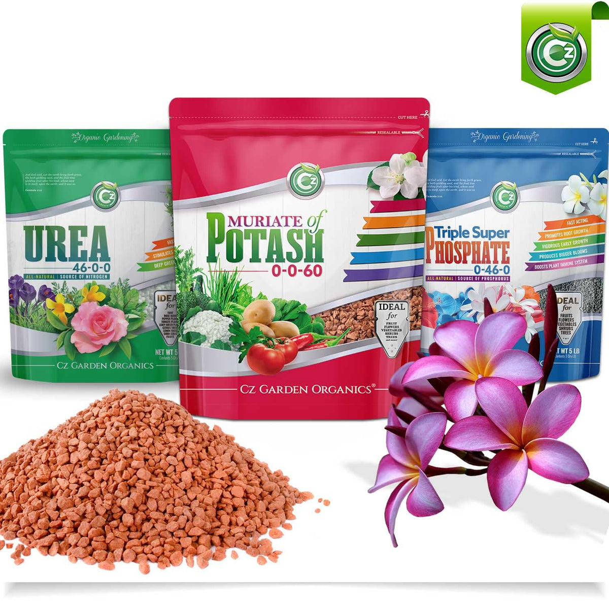 Cz Garden 0-0-62 potassium fertilizer label closeup communicates content and origin.