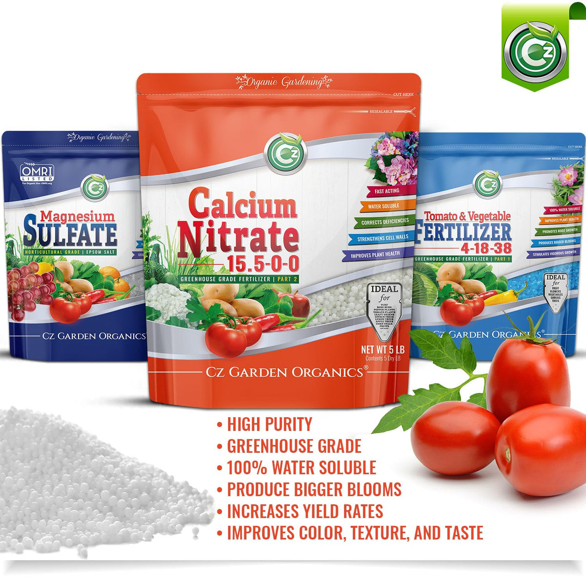CZ Garden Calcium Nitrate label highlights 15.5-0-0 concentration for precise dosing