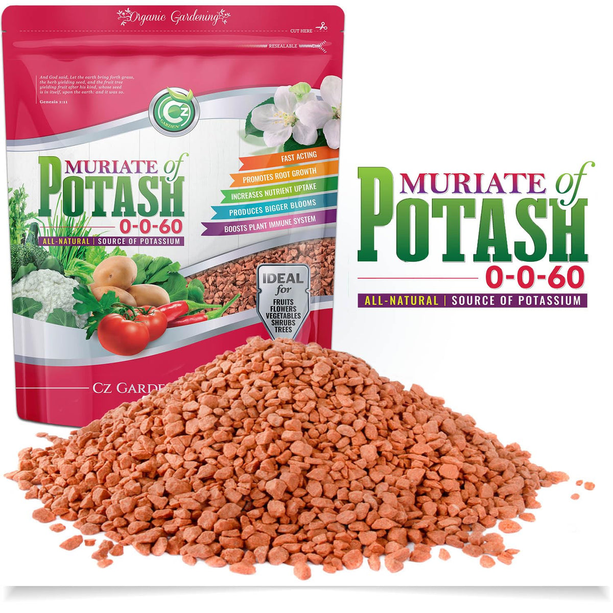 Cz Garden Muriate of Potash 0-0-60 package highlights premium ingredients for vibrant growth.