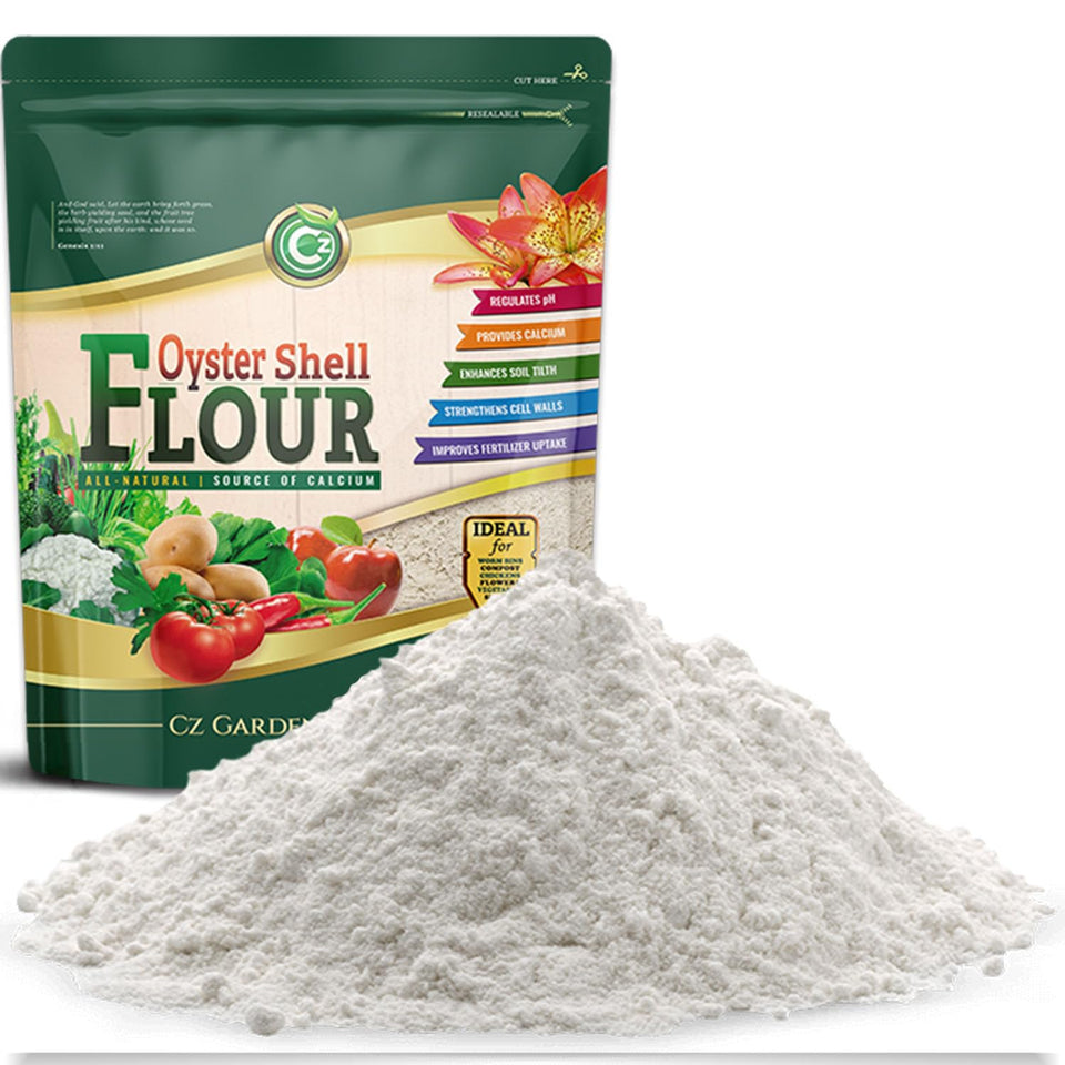 CZ Garden Oyster Shell Flour 5lb pack for calcium-rich soil amendment.