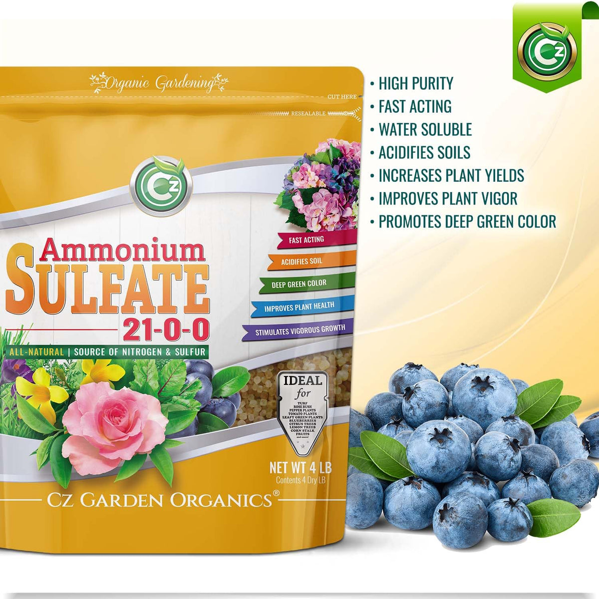 Cz Garden AMS resealable pouch keeps fertilizer fresh for future use.