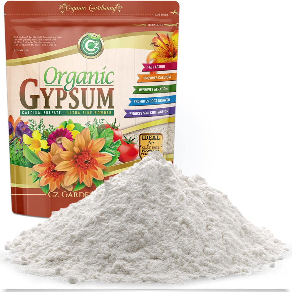 Cz Garden Supply Organic Gypsum Powder 5lb resealable pouch for easy storage.