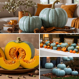 CZ Grain Blue Jarrahdale pumpkin fruit on vine ready for seasonal decor and harvest