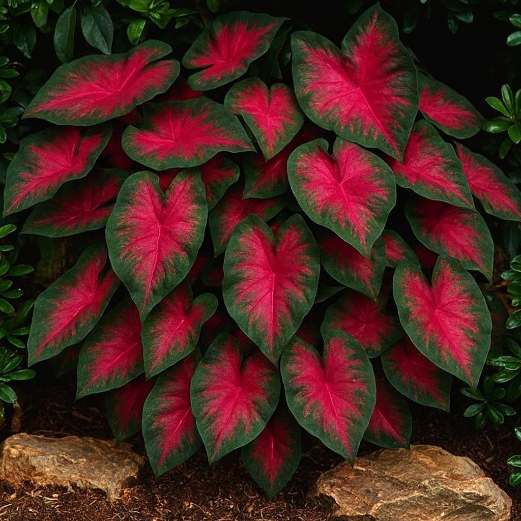 CZ Grain container display showing lush, colorful caladium foliage.