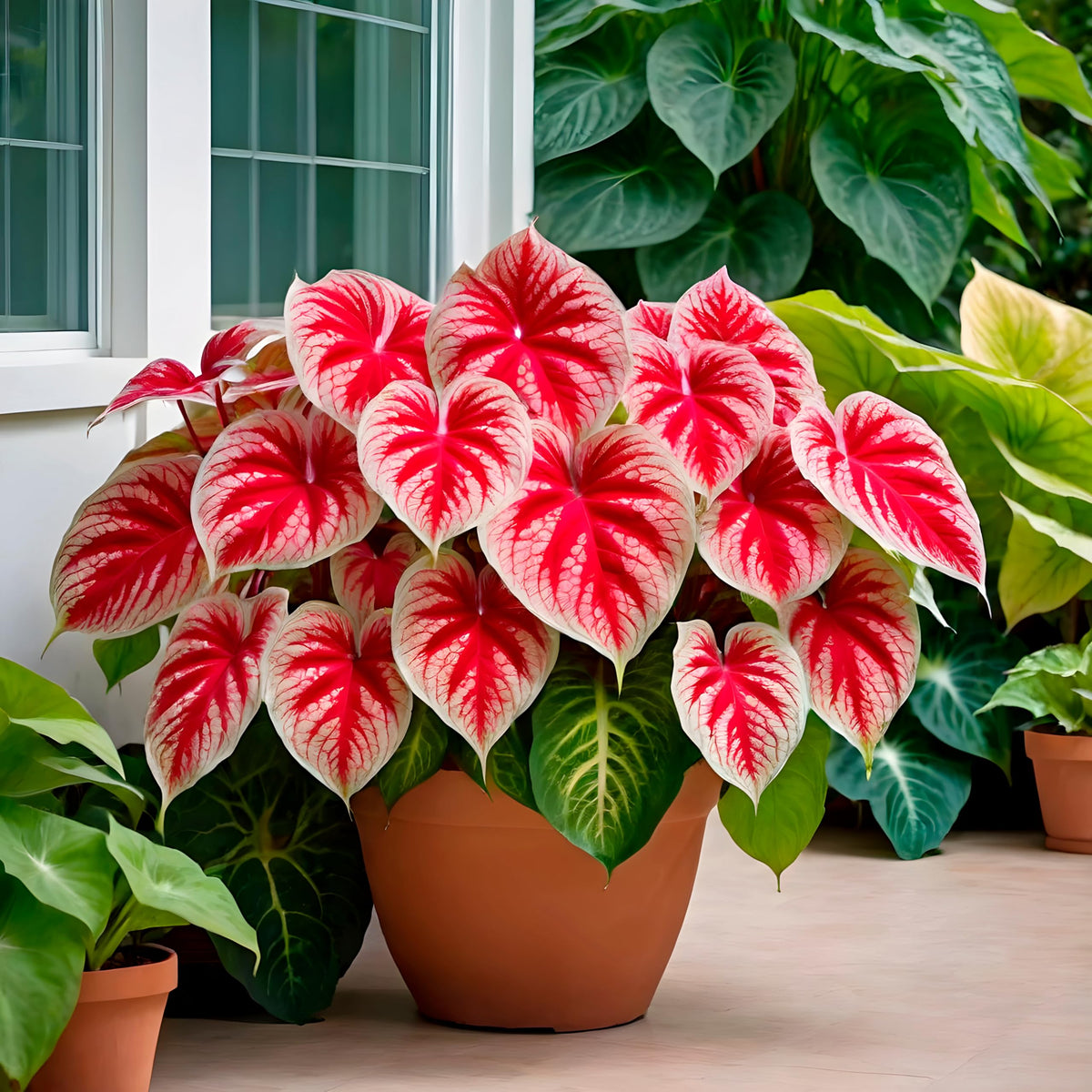 CZ Grain Crimson Sky caladium bulbs in packaging, ready for shade garden planting and tropical flair