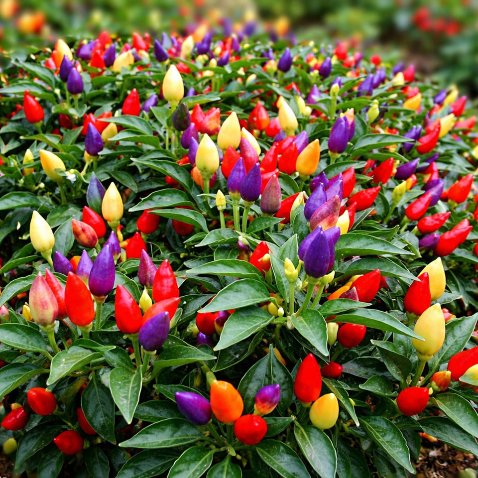 CZ Grain five-color peppers on plant; vibrant rainbow display for garden