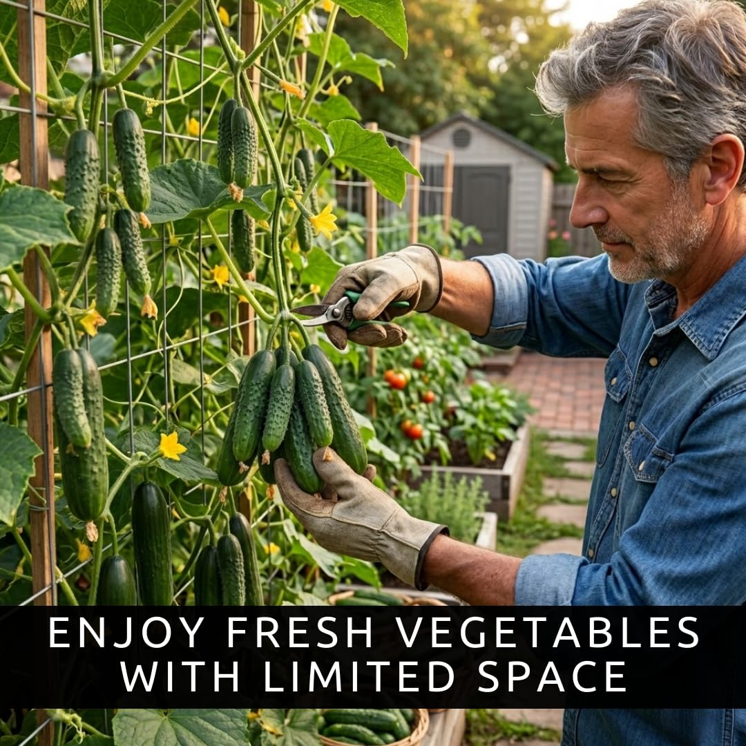 CZ Grain Mini Me cucumber vines on a trellis maximize vertical space for small plots.