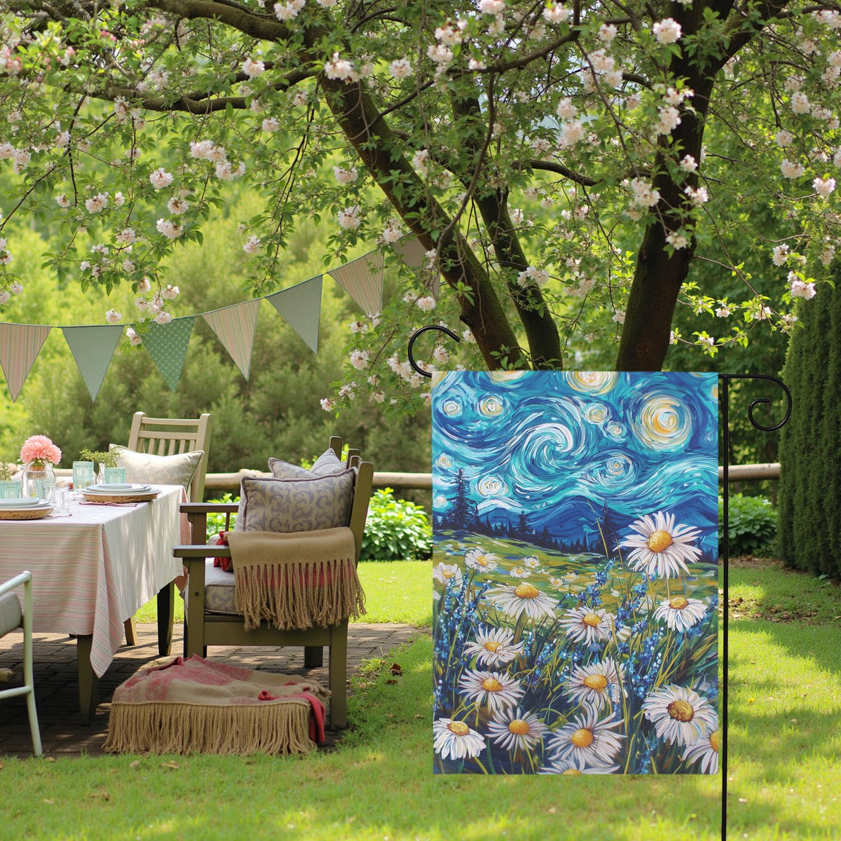 Dacawin Blue Skies Gold Stars flag adds artful color to yards.