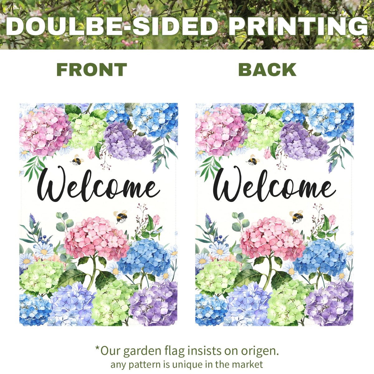 Dacawin bees and blossoms flag boosts springtime ambiance on patios.