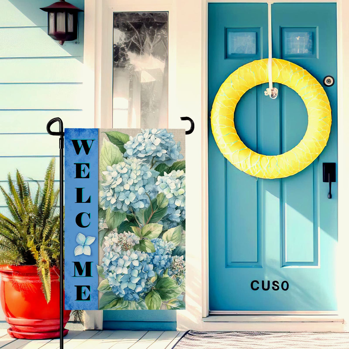 Dacawin Hydrangea flag back view with double-sided print for eye-catching decoration.