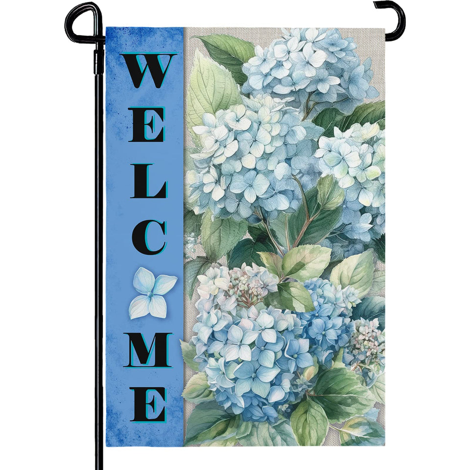 Dacawin Hydrangea flag front view on porch, welcoming spring with blue blooms.