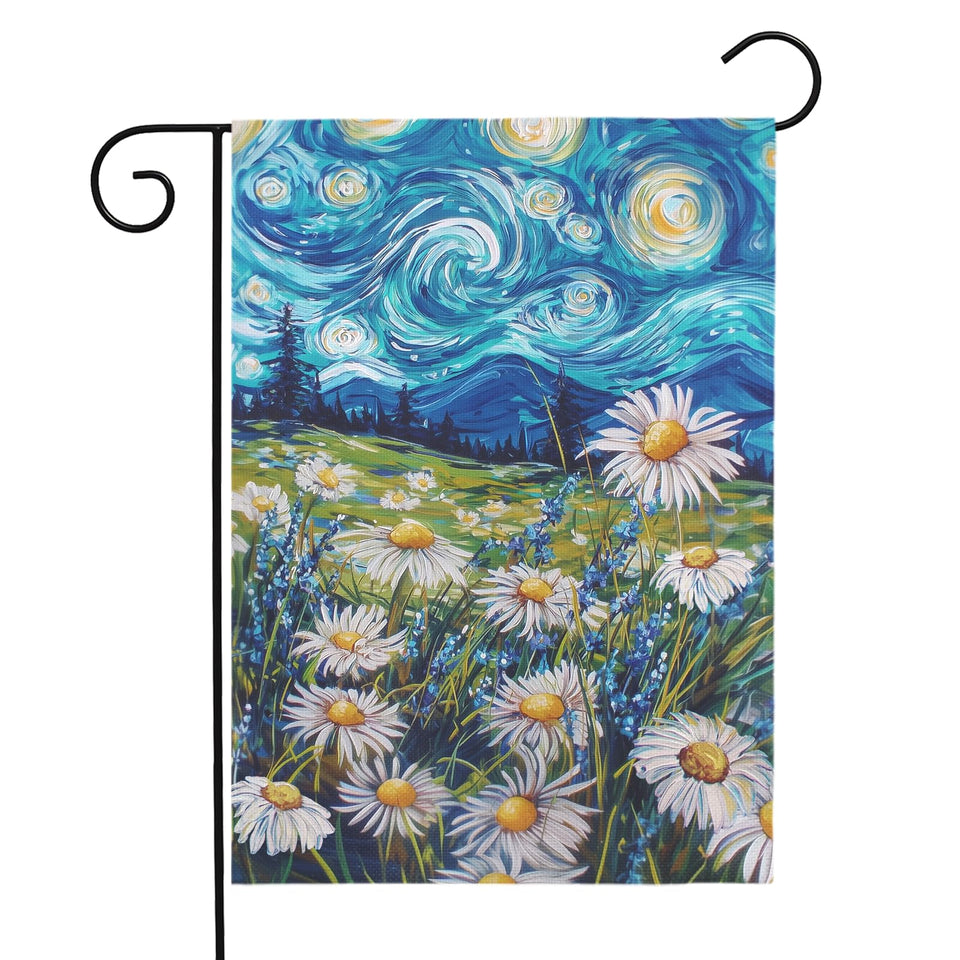 Dacawin Spring Daisy Starry Night flag displayed in a sunny garden adds vibrant curb appeal.