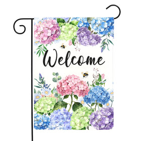 Dacawin welcome hydrangea flag on front porch adds seasonal charm.