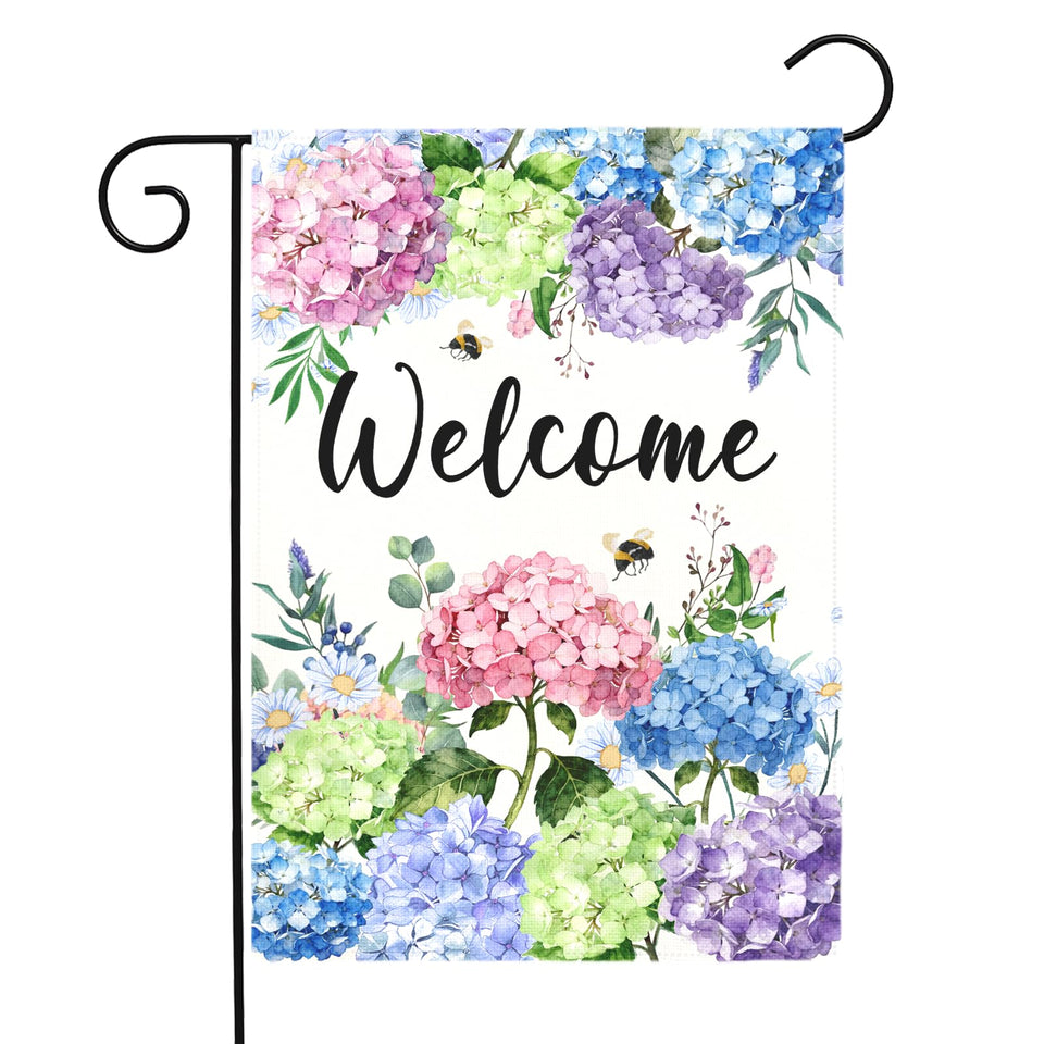 Dacawin welcome hydrangea flag on front porch adds seasonal charm.