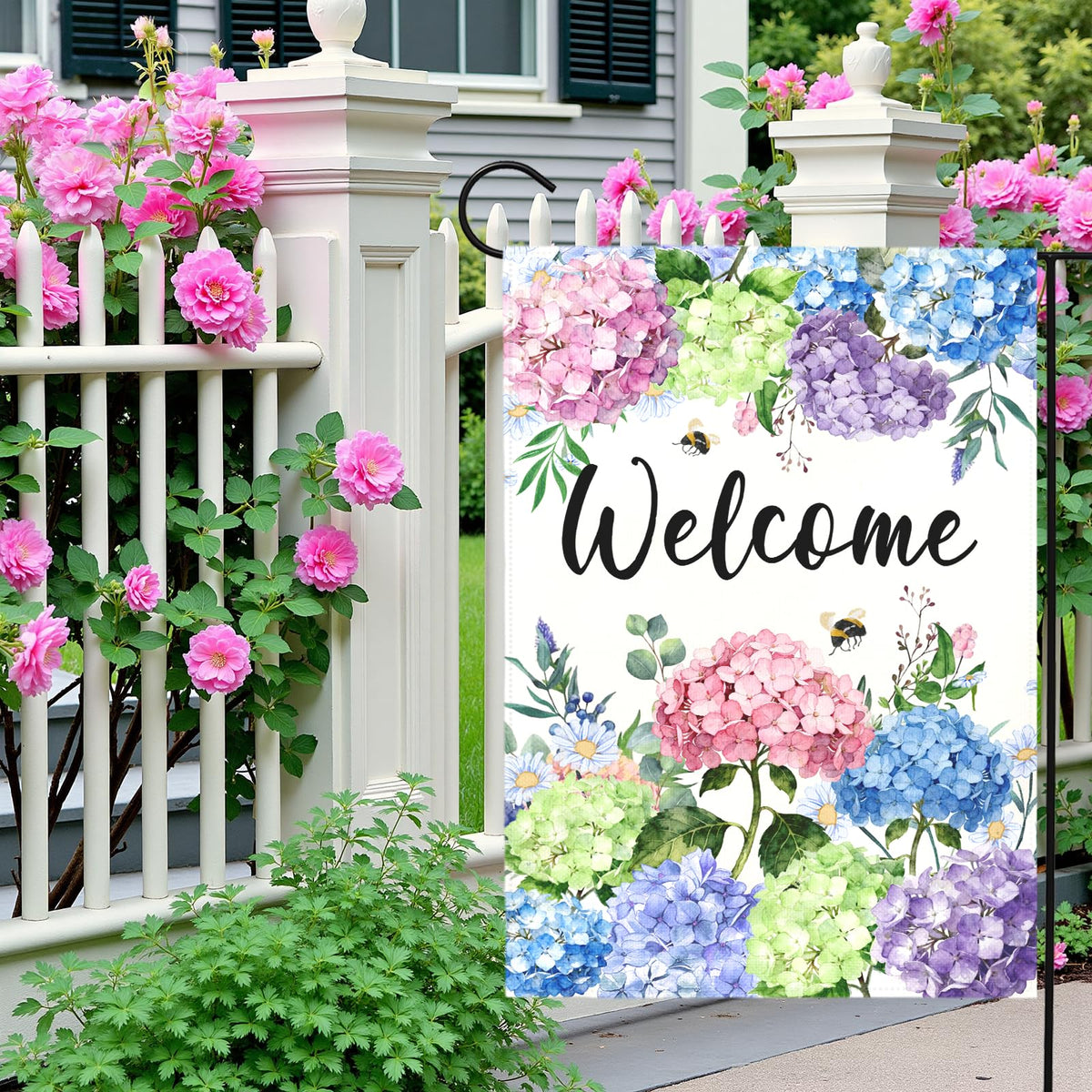 Dacawin hydrangea flag along garden path brightens outdoor spaces.