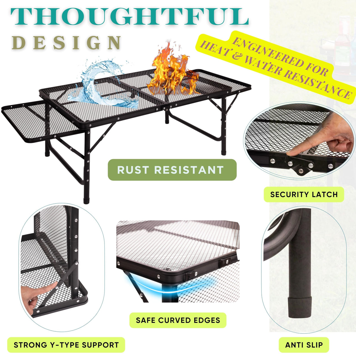DAFRUM folding table mesh net pockets organize utensils and accessories on site.