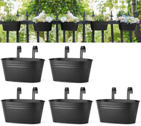 Dahey 10.5-inch metal hanging pot on rail enhances balcony greenery and space efficiency.