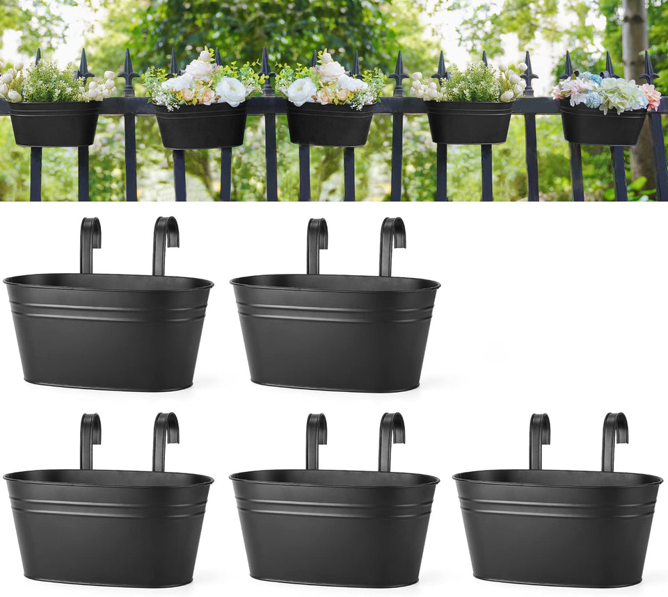 Dahey 10.5-inch metal hanging pot on rail enhances balcony greenery and space efficiency.