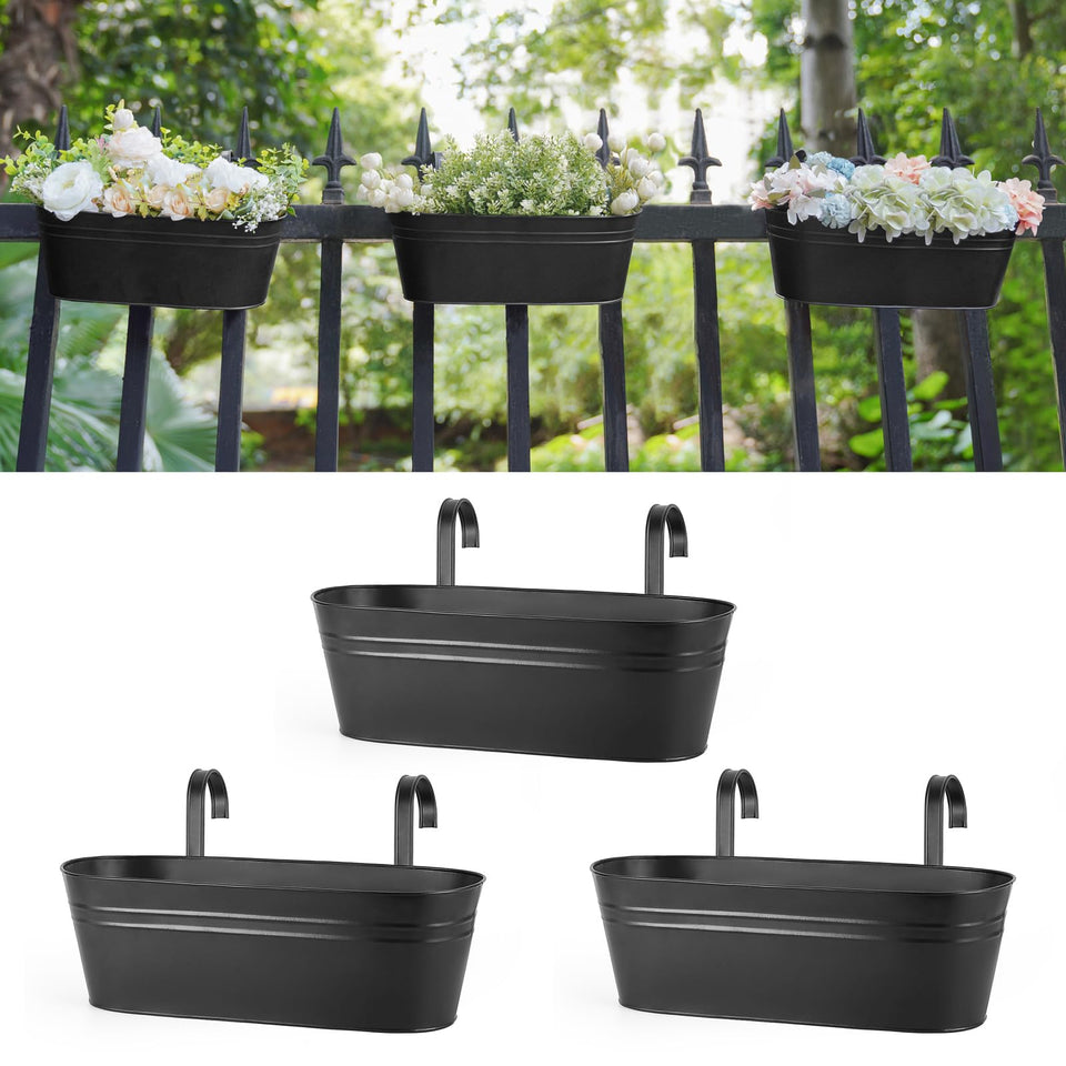 Dahey three-piece metal hanging planters on a railing for space-saving balcony gardening.