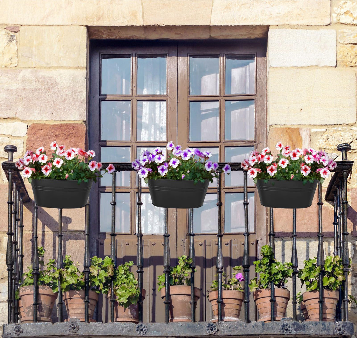 Dahey fence-hanging planters add color to an outdoor fence with herbs.