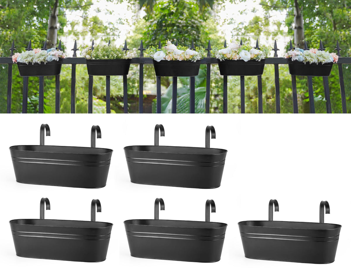 Dahey 5-pcs hanging pots on railing for balcony décor and space-saving gardening.