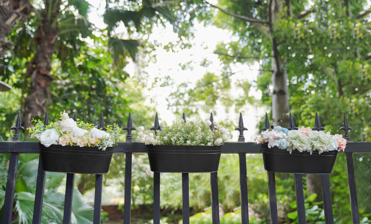Dahey decorative balcony garden on rail enhances small spaces and herbs.