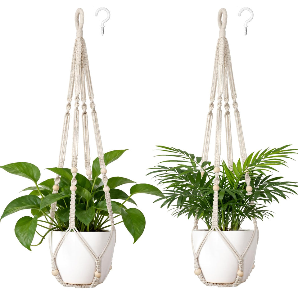 Dahey macrame plant hanger with wood beads in ivory for indoor display